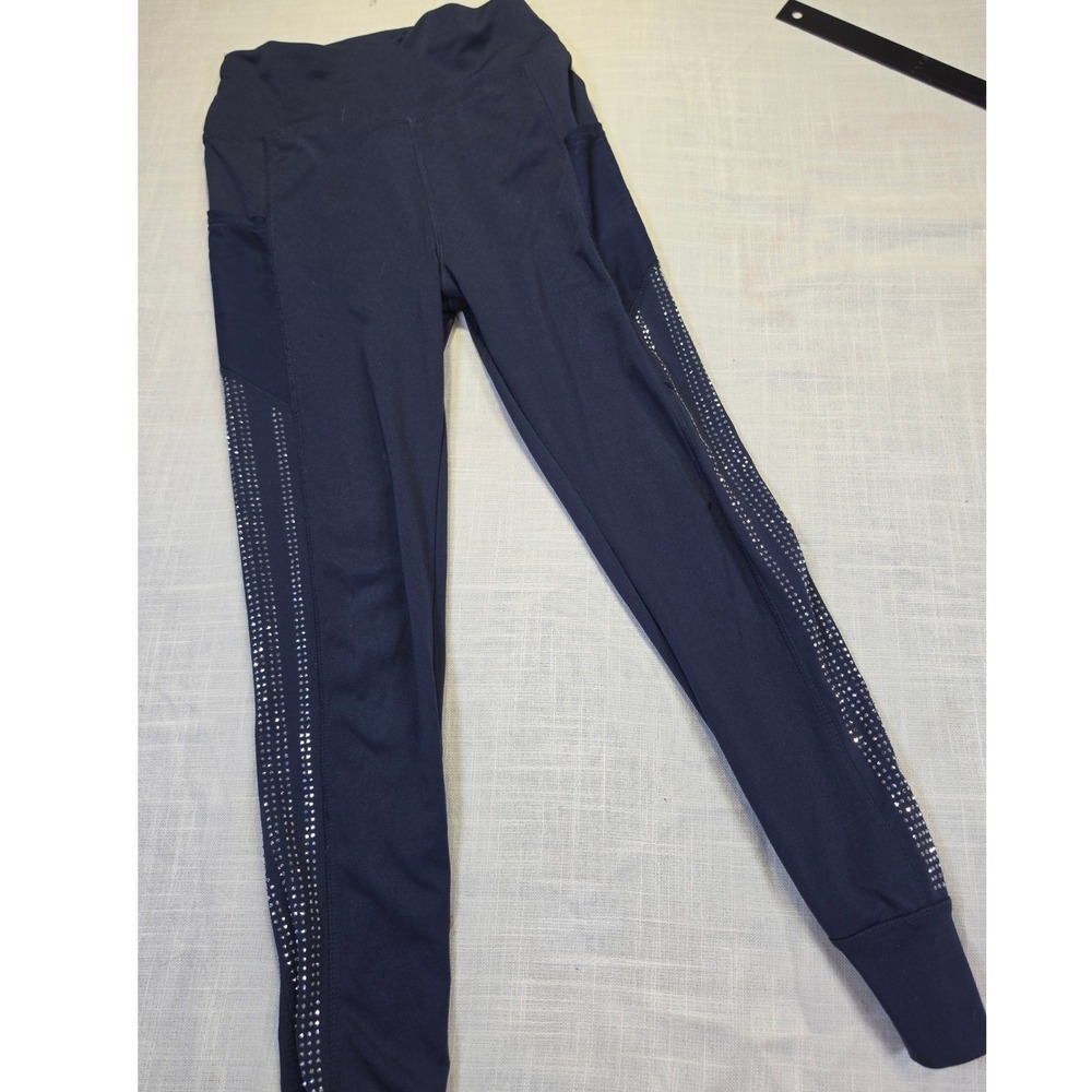 Navy Blue Rhinestone Studded Mesh Y2K Pocket Athletic Leggings Womens SM